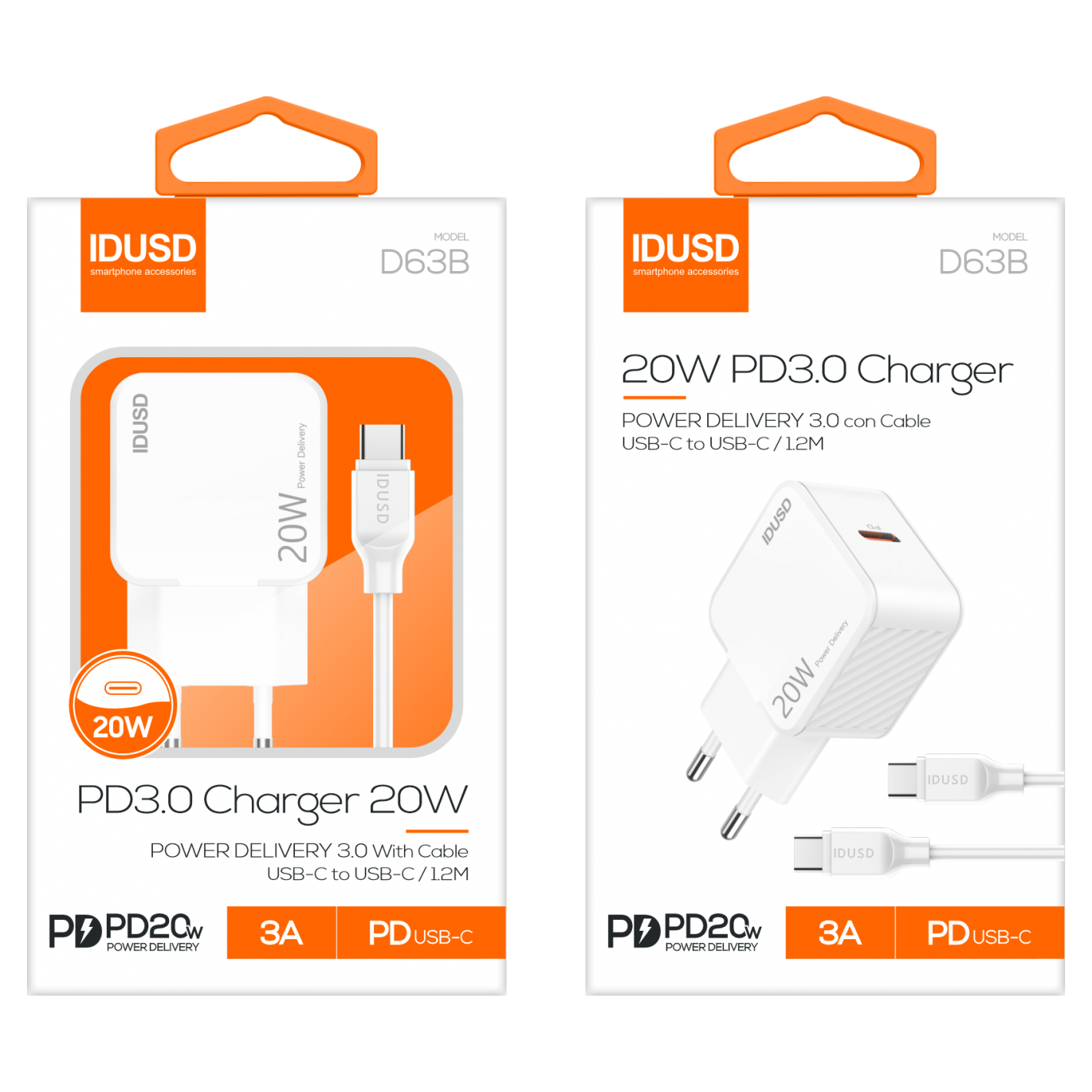 IDUSD Cargador Rápido PD 20W con Cable 1.2M