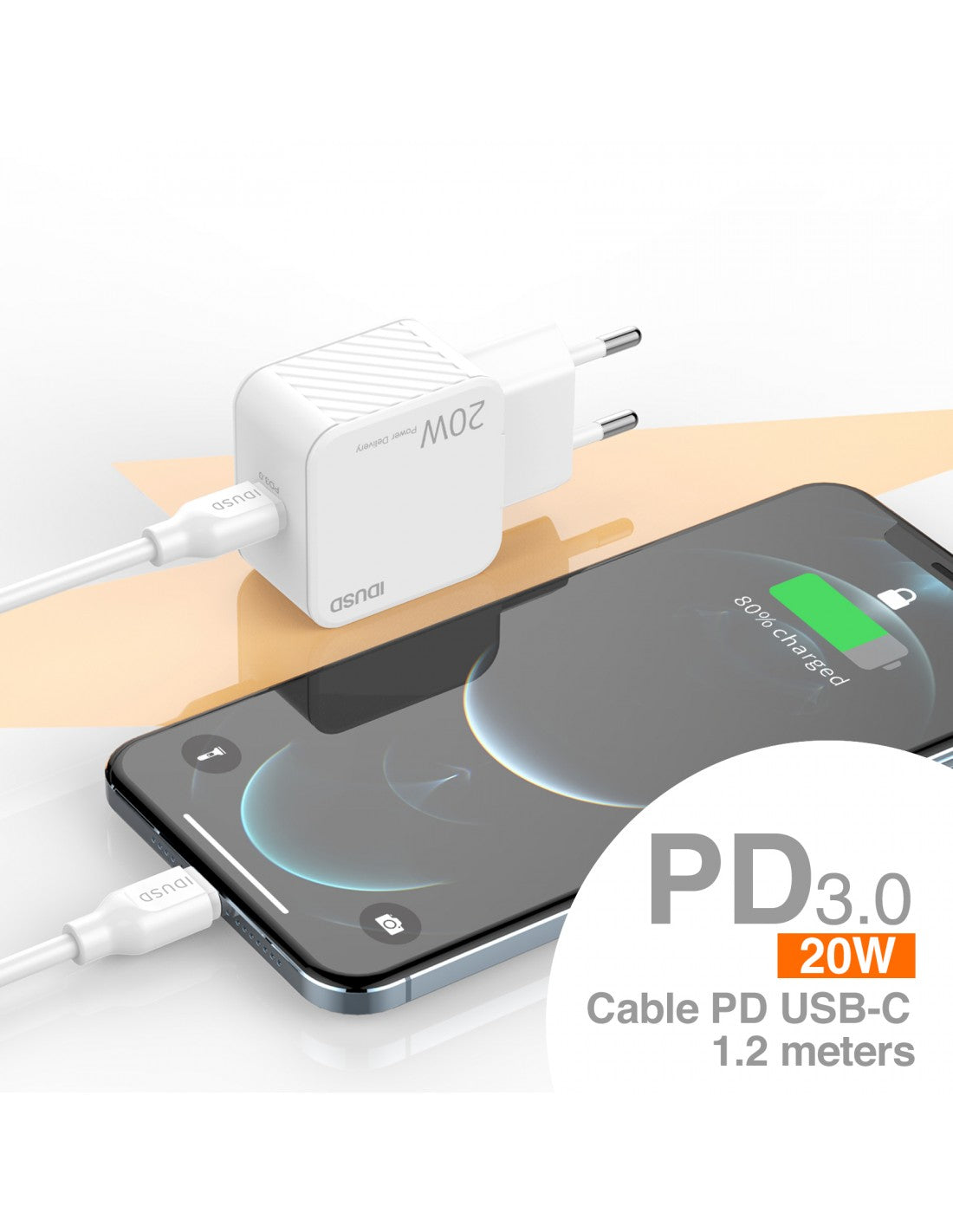 IDUSD Cargador Rápido PD 20W con Cable 1.2M