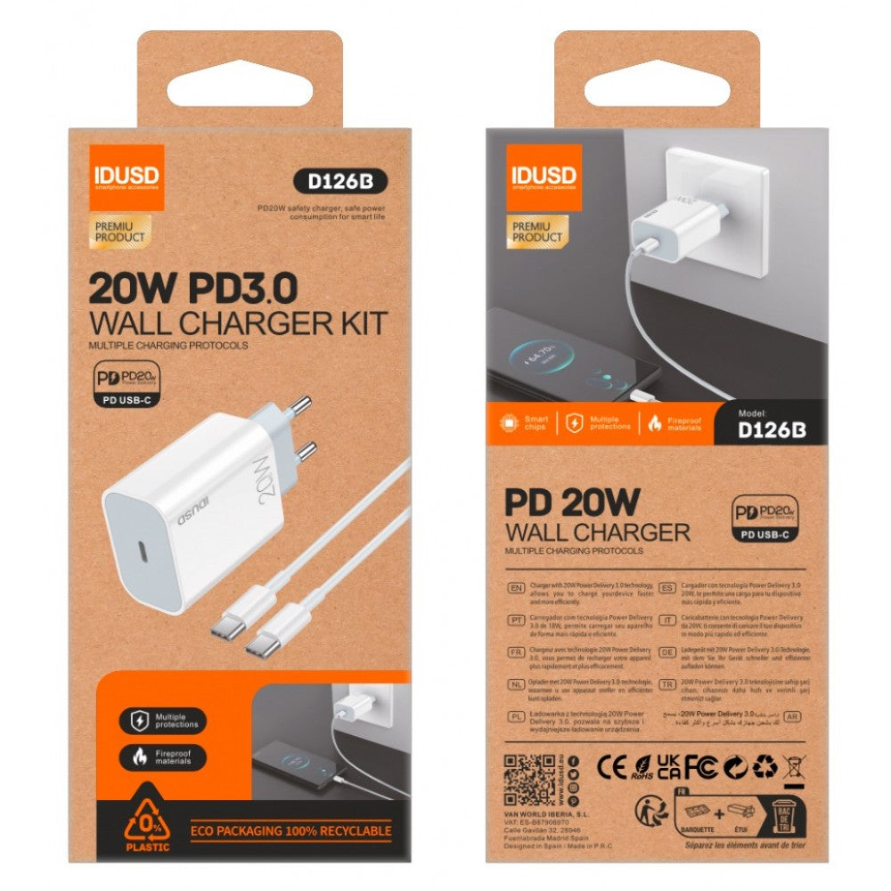 ECO CARGADOR RÁPIDO PD USB-C 20W + PD TIPO C IDUSD D126B IDUSD