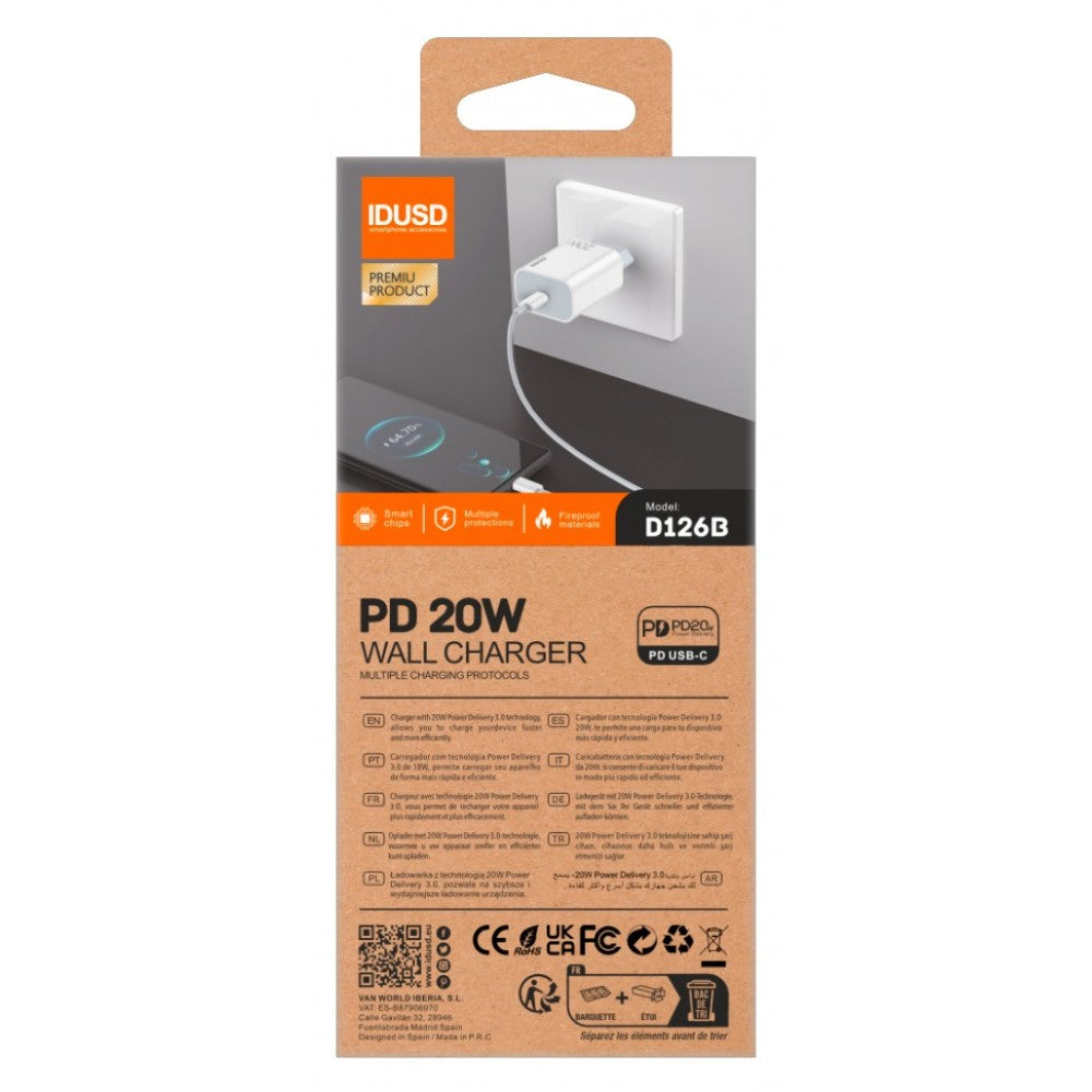 ECO CARGADOR RÁPIDO PD USB-C 20W + PD TIPO C IDUSD D126B IDUSD